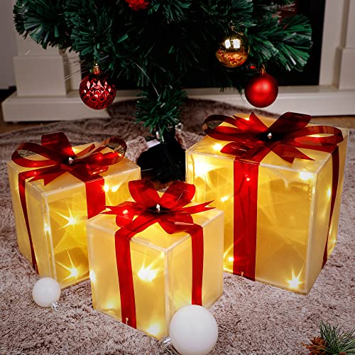 Twinkle Star Set of 3 Christmas Lighted Pop Up Gift Boxes Decorations, Tinsel Present Box, Pre-lit 60 LED Light