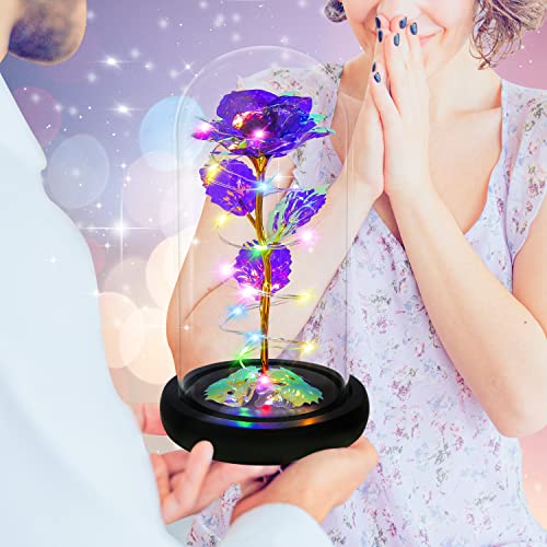 Rotating Romantic Roses Light Up Rose in Glass Dome, Spinning Colorful Artificial Rose Flower Gifts for Her