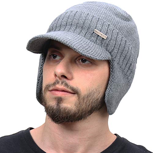 Mens Winter Beanie Visor w/ Earfaps & Fleece Hat Scarf Set