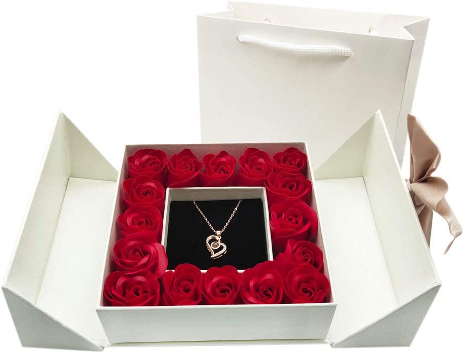 Preserved Red Rose Gift Box Handmade w/ Beautiful Necklace 100 Language Love You (white, heart)