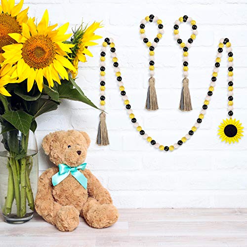 3 Pcs Sunflower Wood Bead Garland w/ Tassels & Sunflower Tag Rustic Farmhouse