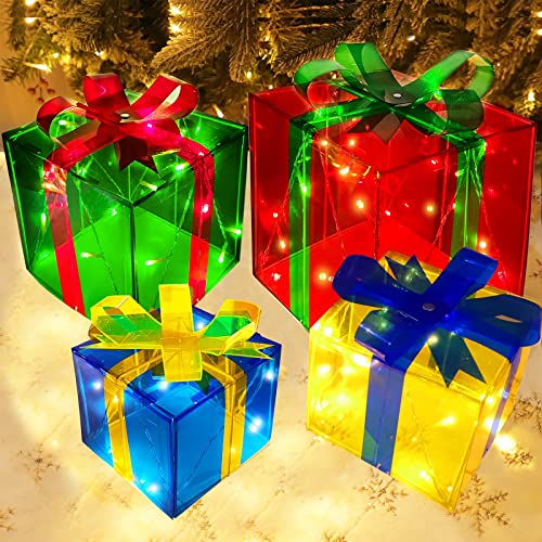 [ Bigger Size 12"-8"-6"-5" ] 4 Pcs 70 LED Lighted Gift Boxes Christmas Decorations