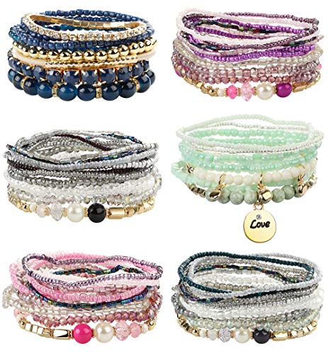 6 Sets Bohemian Stackable Bead Bracelets for Women Stretch Multilayer