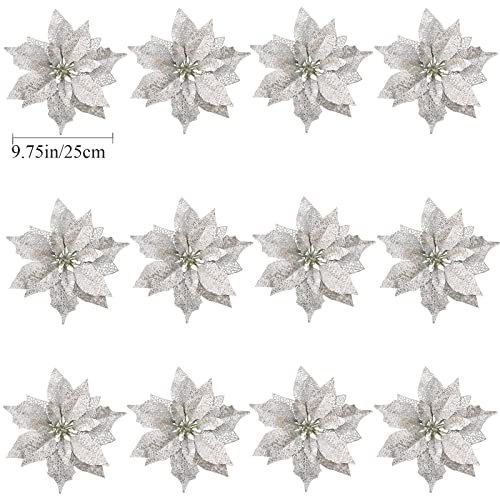 12Pcs Poinsettia Flowers Glitter Christmas Ornaments