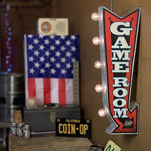 Game Room LED Sign, Large 25" Double Sided Red Arrow Sign w/ Large Marquee Style LED Light Bulbs