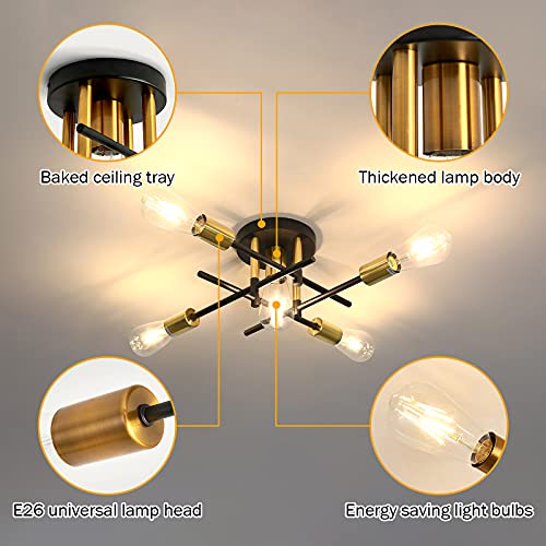 5 Light Semi Flush Mount Ceiling Light Fixture Matte w/ E26 Base Modern Black and Gold Chandelier