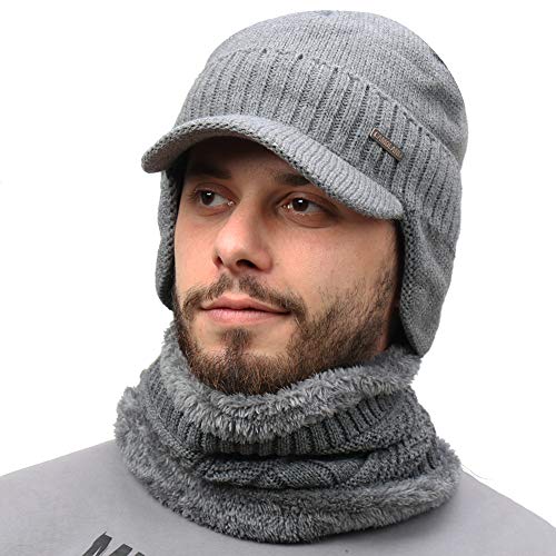 Mens Winter Beanie Visor w/ Earfaps & Fleece Hat Scarf Set