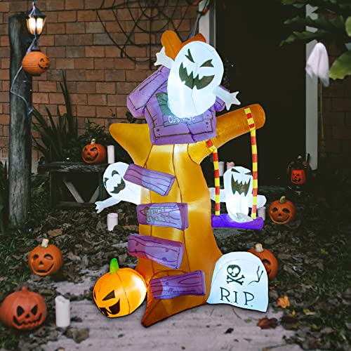 8 FT Halloween Inflatables Ghost Tree w/ Ghost Pumpkin & Tombstone