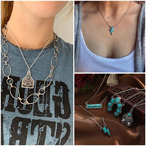 47 PCS Silver Bohemian Jewelry Set With 4pcs Turquoise Necklace,12 pairs Dangle Earrings, 11pcs Stackable Bangle Bracelets, 20pcs Knuckle Rings For Women Girls Vintage Western Boho Turquoise Anniversary Birthday Friendship Gift