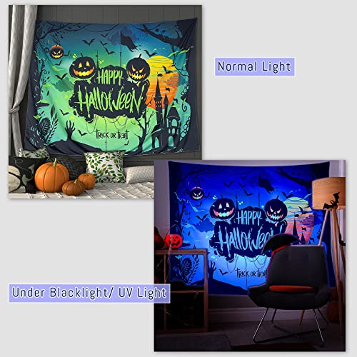 Halloween Blacklight Wall Tapestry Haunted Woods with Grave and Pumpkins, UV Reactive Wall Blanket