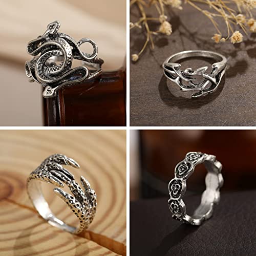 Cool Silver Vintage Gothic Punk Rings Set for Men Girls Women