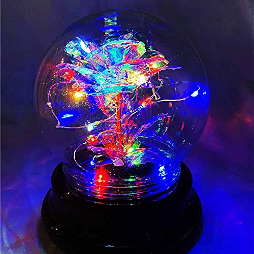 Galaxy Rose Flowers Forever Enchanted with Colorful LED Light in Glass Dome for Romantic Gifts