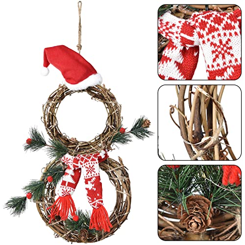 16 x 8 Inch Lighted Christmas Wreath Decoration, Grapevine Wreath with Hat and Scarf Snowman Shape Wreath