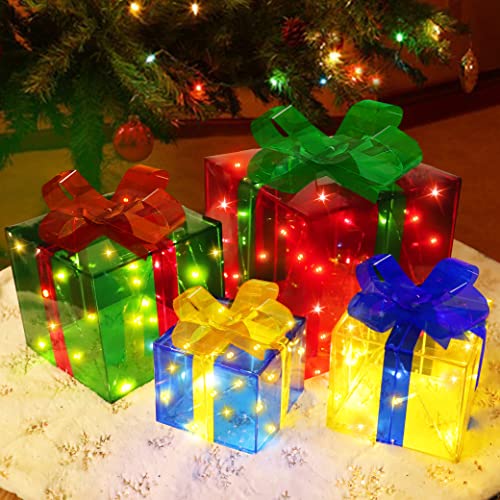 [ Bigger Size 12"-8"-6"-5" ] 4 Pcs 70 LED Lighted Gift Boxes Christmas Decorations