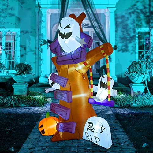 8 FT Halloween Inflatables Ghost Tree w/ Ghost Pumpkin & Tombstone