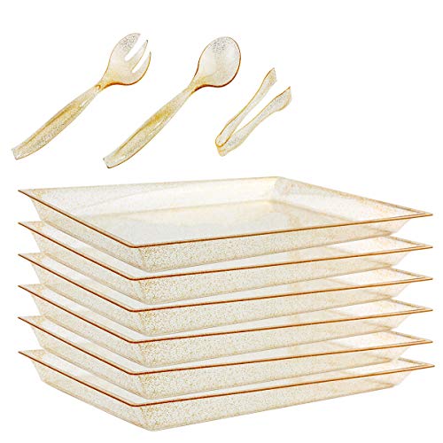 24 Pack Plastic Gold Glitter Serving Tray w/ Disposable Utensils