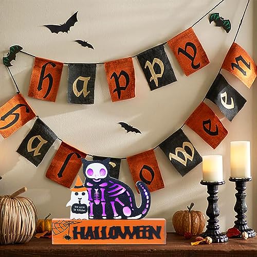 Halloween Decorations Indoor, Large Decorative HALLOWEEN Wood Sign with Ghosts and Spooky Cat