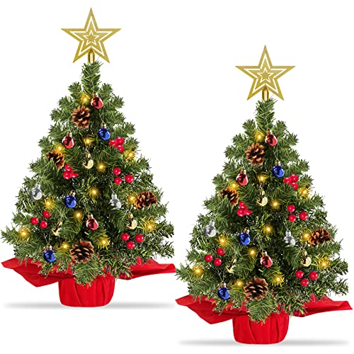 2 Pack 20 Inch Prelit Tabletop Christmas Tree w/ Lights & ornaments