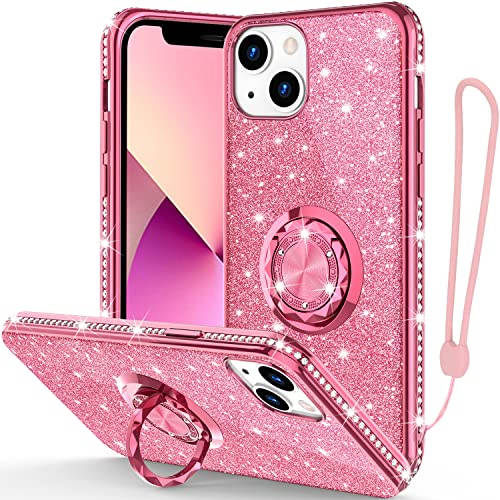 Phone Case for iPhone 13, Glitter Protective Case w/ 360 Degree Ring Stand