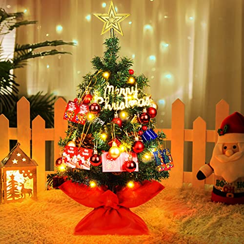 Mini Christmas Tree Set w/ Clear LED Lights Star Treetop & Ornaments