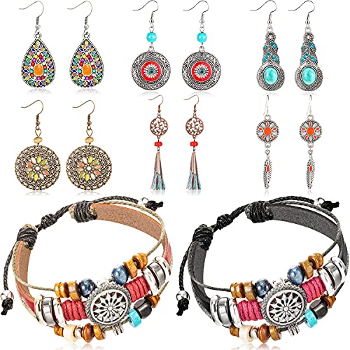 6 Pairs Bohemian Dangle Earrings & 2 Pieces Vintage Bohemia Beaded Bracelet