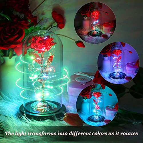 Rotating Romantic Roses Light Up Rose in Glass Dome, Spinning Colorful Artificial Rose Flower Gifts for Her