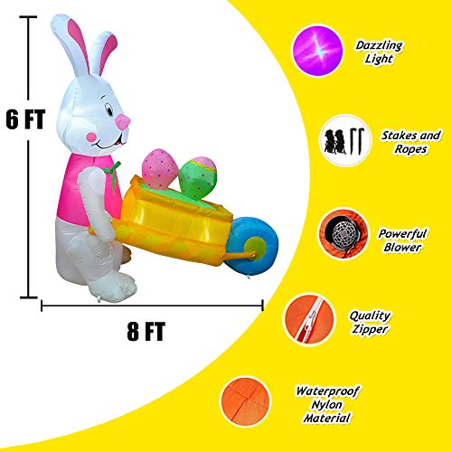 6 FT LED Easter Inflatable Decoration Bunny Rabbit Pushing Wheelbarrow w/ Eggs