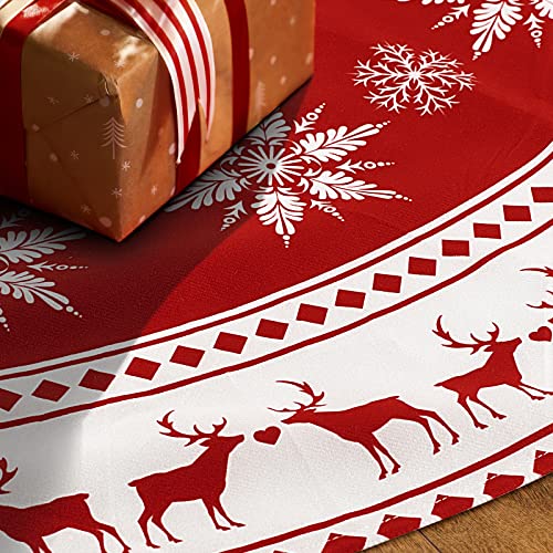 Christmas Tree Skirt Large 48 Inches Christmas Tree Skirt Red Reindeer Snowflakes Xmas Tree Skirts for Winter