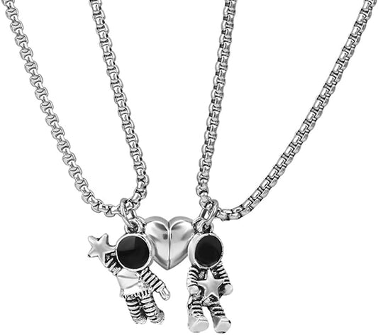 2 Pcs Stainless Steel Couples Necklaces Astronomy Spaceman Magnetic Matching