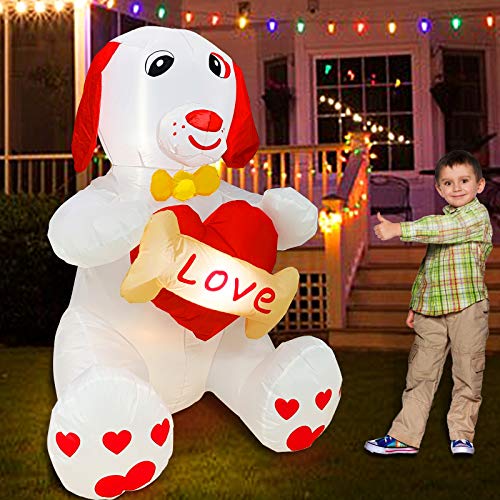 4 Ft Valentine's Day Inflatables  Decoration Blow up Puppy Dog Holds Heart Bones w/ Led Lights