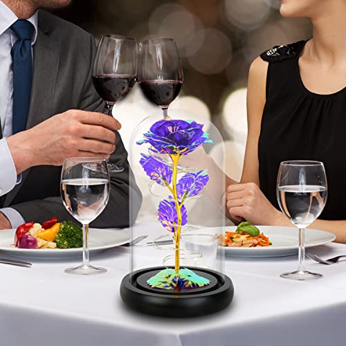 Rotating Romantic Roses Light Up Rose in Glass Dome, Spinning Colorful Artificial Rose Flower Gifts for Her