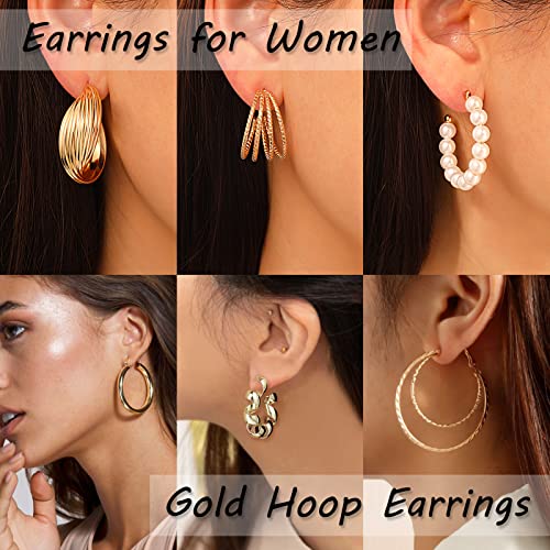 42 Pairs Gold Hoop Earrings Set for Women, Fashion Chunky Pearl Earrings Multipack Twisted Statement Earring