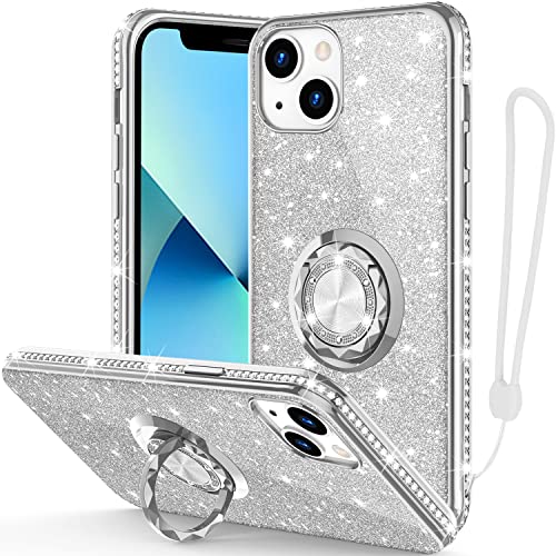 Phone Case for iPhone 13, Glitter Protective Case w/ 360 Degree Ring Stand