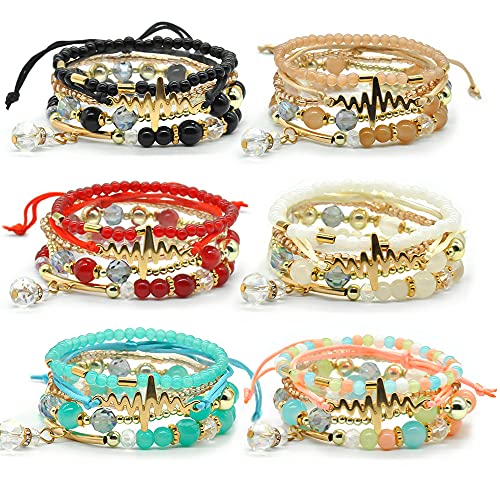 6 Sets Stackable Stretch Bracelets Multi-color Bohemian Bracelet Sets for Women