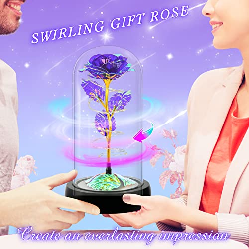 Rotating Romantic Roses Light Up Rose in Glass Dome, Spinning Colorful Artificial Rose Flower Gifts for Her