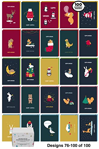 100 Modern Christmas & Happy Holiday Cards w/ Colorful Envelopes