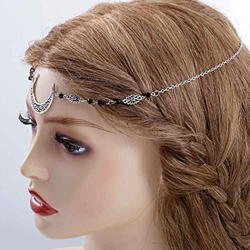 Boho Crescent Moon Head Chains Vintage Headpieces w/ Crystal Hair Chain