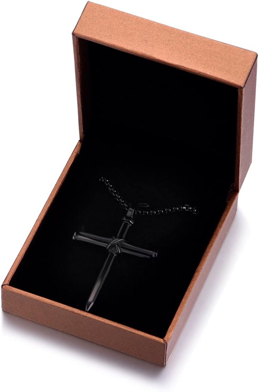 Men's Stainless Steel Nail Cross Pendant Necklace w/ 24 Inch Chain Polished Black