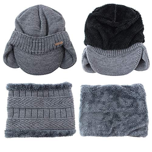 Mens Winter Beanie Visor w/ Earfaps & Fleece Hat Scarf Set