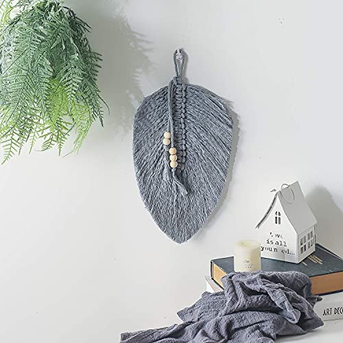 Cotton Macrame Feather Leaf w/  Wooden Beads Wall Decoration