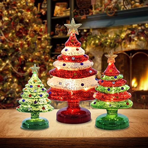 3 pcs Sparkling Mini Colorful Glass Christmas Tree w/ LED Lights & Timer