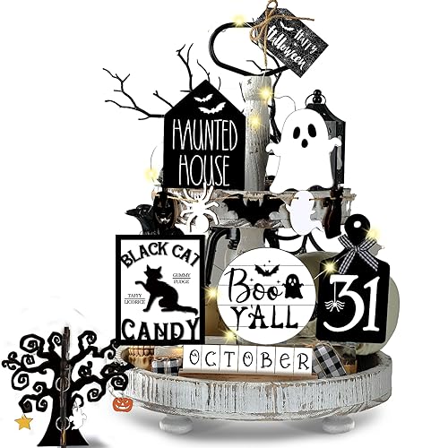 15 Pcs Halloween Tiered Tray  Set Cute  Wooden Signs Farmhouse Rustic