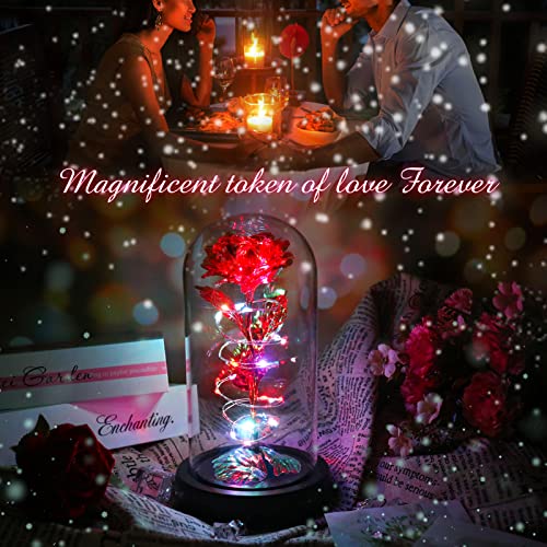 Rotating Romantic Roses Light Up Rose in Glass Dome, Spinning Colorful Artificial Rose Flower Gifts for Her