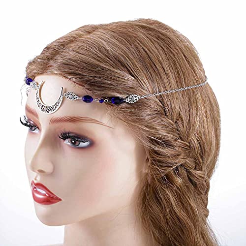 Boho Crescent Moon Head Chains Vintage Headpieces w/ Crystal Hair Chain