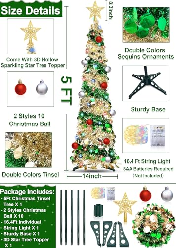 Dual Color Change Lights & Timer - 5 Ft Tinsel Christmas Tree Ball Ornaments Star Pop up Christmas Tree Battery