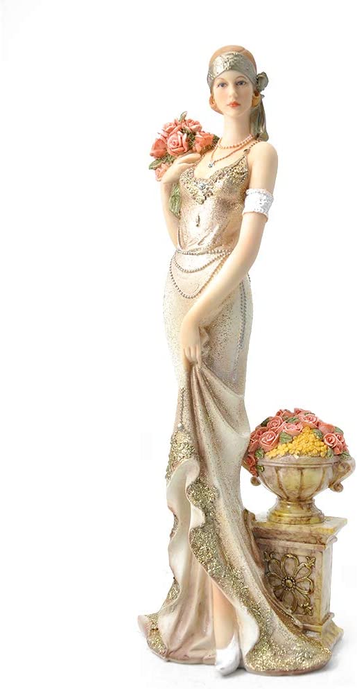 Elegant Slim Lady Holding A Bunch of Flowers Collectible Figurine, 13-inch Height, Gold