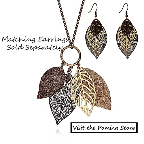 Two Tone Filigree Fall Leaf Pendant Long Necklace for Women