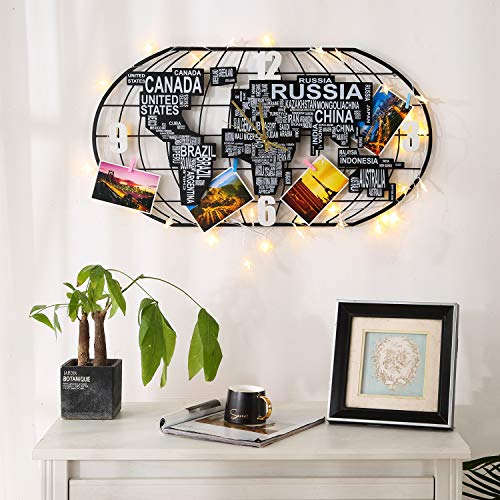 Large Metal Wall Clock w/ MDF World Map Decoration, Silent Movement w/ DIY LED Light Strip & Postcard