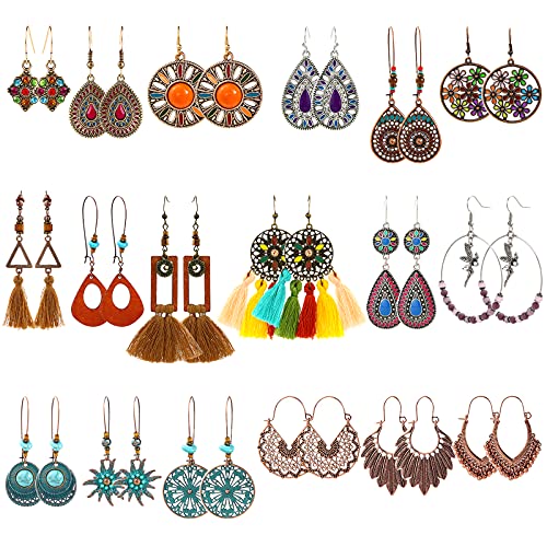 18 Pairs Vintage Earrings w/ Bohemian Style Alloy, Tassel, Long Layered Dangle Hoop