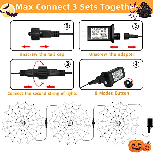 3.9FT Diameter 80 LED Halloween Spider Web Lights w/ Black Spider